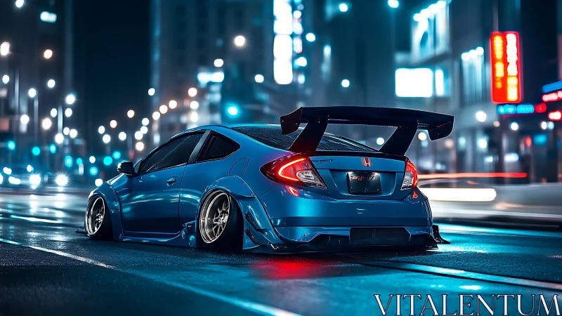 Midnight-tuned Honda prowls neon city streets in motion.