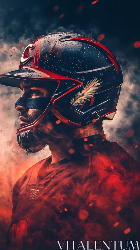 Profile portrait of armored baseball player in infernal smoke