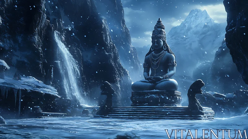 Snowborn mountain deity meditating in a crystal hush.