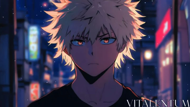Backlit anime boy in neon-lit street under cinematic twilight rim