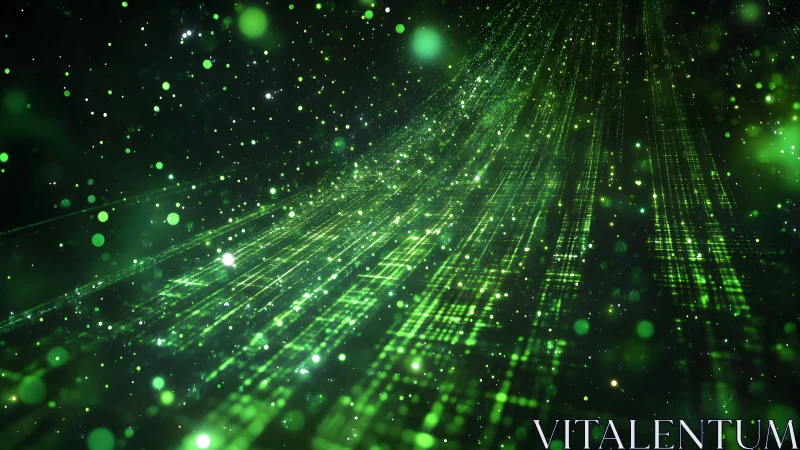 Futuristic green digital matrix landscape with glowing particles.