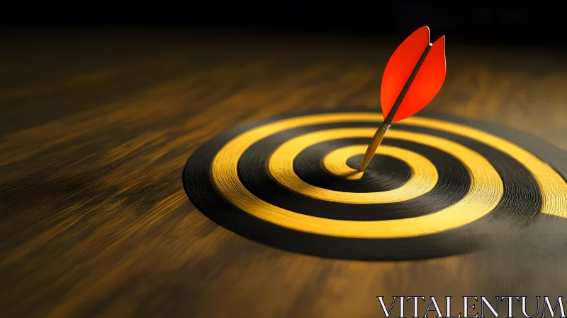 Red dart hitting bullseye on yellow-black target, realistic style.