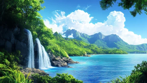 Tropical waterfall cascades into turquoise lagoon with verdant coastal mountains.