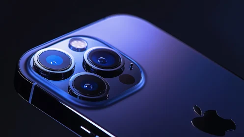 Close-up of modern smartphone triple camera module in blue.