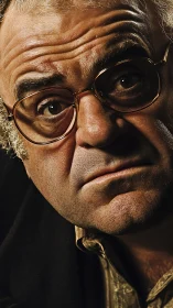 Close-up portrait of skeptical older man with glasses.