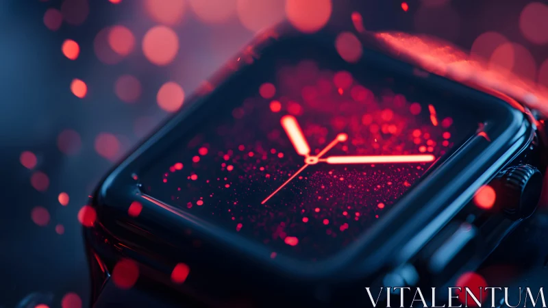 Modern smartwatch close-up with glowing red abstract bokeh lights.