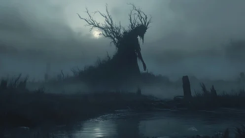 Dark marsh landscape with looming twisted tree figure.