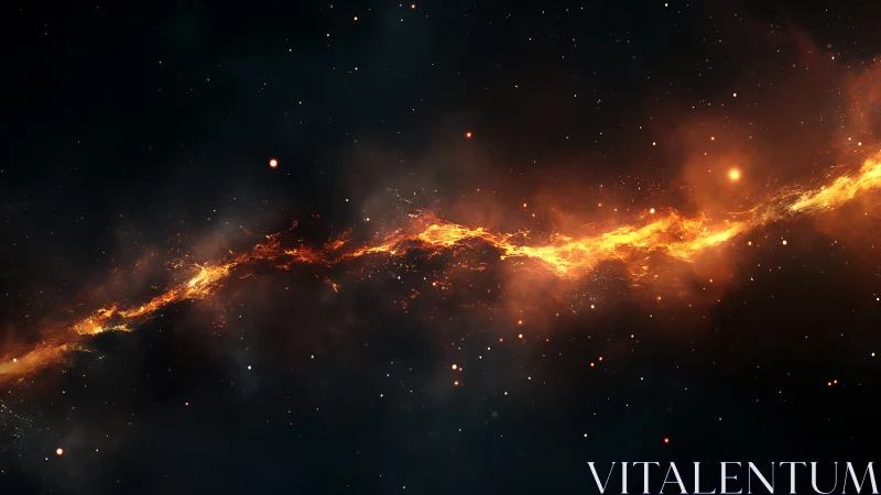 Fiery cosmic nebula streak cuts across deep star field.