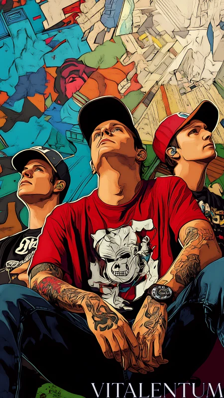 Three tattooed figures sit against angular urban graffiti background