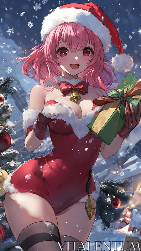 Festive anime girl in red Santa suit holding gift box.
