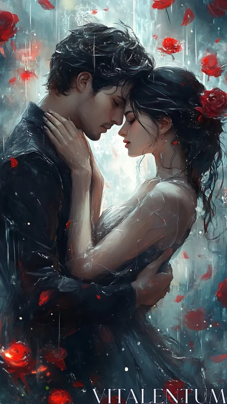 Two Figures Embrace Amid Floating Red Roses and Rain