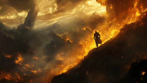 Solitary Hero Standing Amid Flames and Golden Light