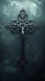 Ornate metallic crucifix against dark stormy background.