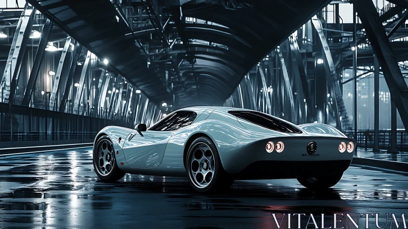 Futuristic white supercar glows on rain slicked steel bridge.
