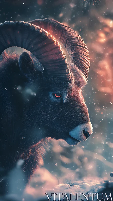 Winterhorn sentinel stands guard in ember-flecked snowfall.