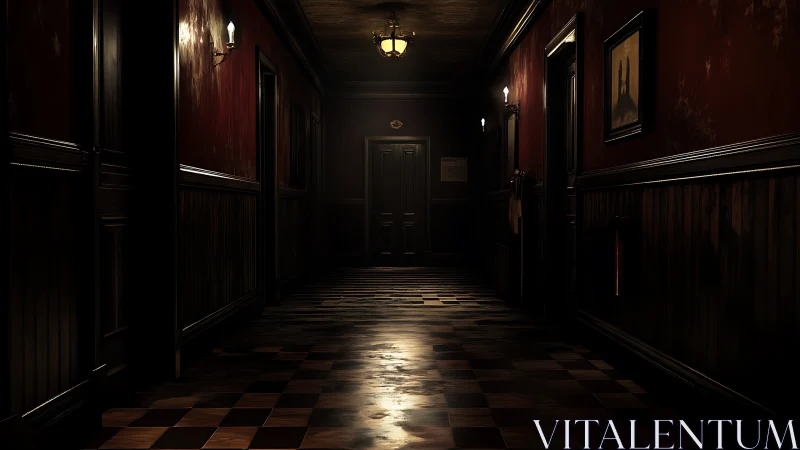 Dimly lit interior corridor shows closed doors and dark walls