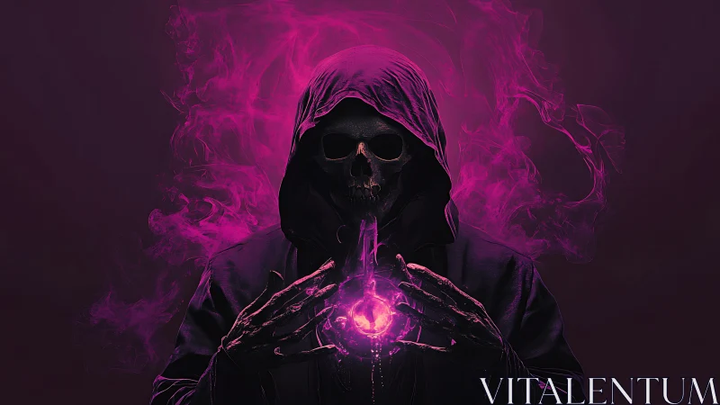 Hooded necromancer skeleton channeling luminous magenta core.