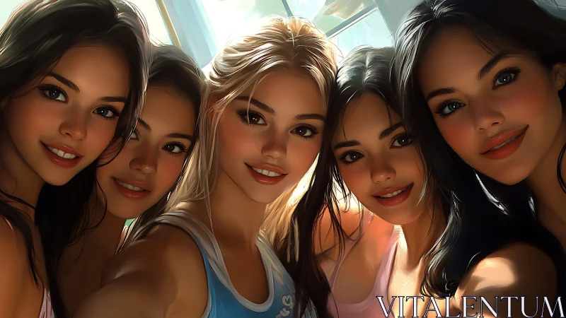 Group of Five Young Women Smiling in Sunlit Room, Digital Art Style.