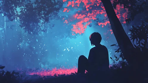 Solitary figure rests under glowing forest canopy at dusk