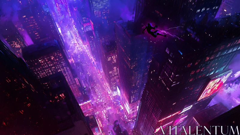 Neon-soaked cyberpunk city skyline with soaring figure.