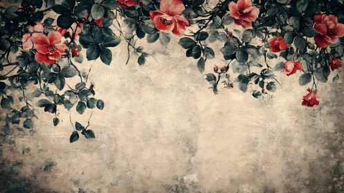 Vintage floral canopy drapes over distressed parchment ground