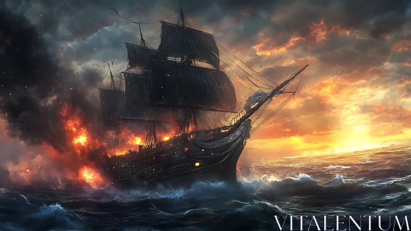 Sailing vessel burns at sea against low horizon sunset sky