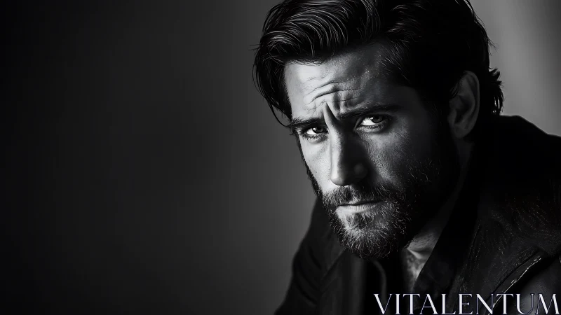 Bearded man in monochrome portrait looks toward camera