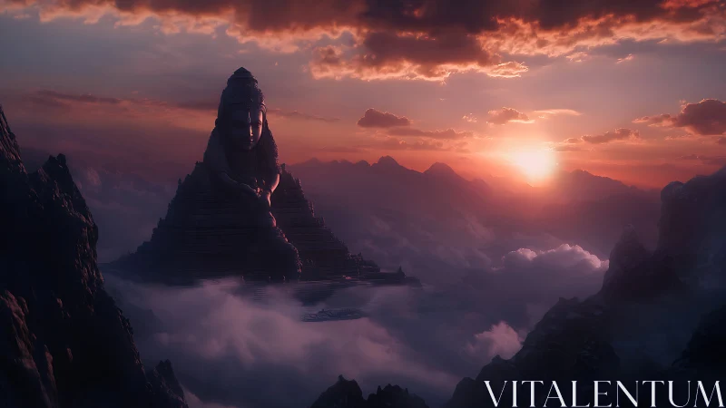 Sunrise bathes a serene mountain temple above soft clouds