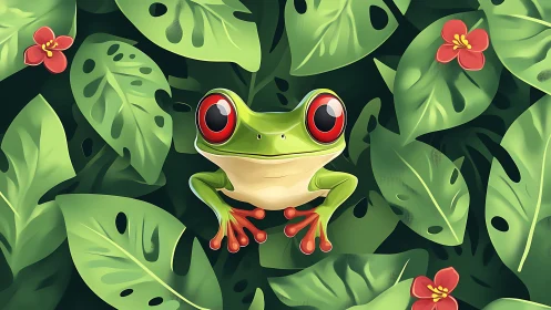 Tree frog with large red eyes rests on stylized jungle leaves