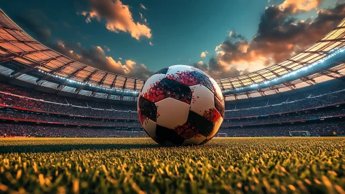 Soccer ball rests on grass in large illuminated stadium bowl