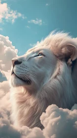 White lion head rises through soft clouds under blue sky