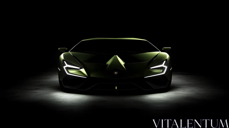 Aggressive green supercar emerges from dramatic shadowed darkness