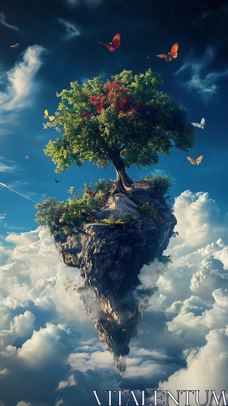 Floating conical rock island with single tree in dense clouds