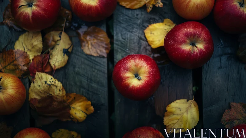 Autumn apples rest on weathered wood in soft moody light.