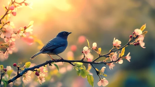 Blue bird perched on flowering branch with soft bokeh background