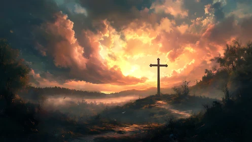 Backlit hillside crucifix under volumetric sunset cloudfield.