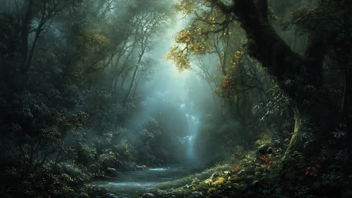 Misty Forest Stream with Canopy Light Diffusion