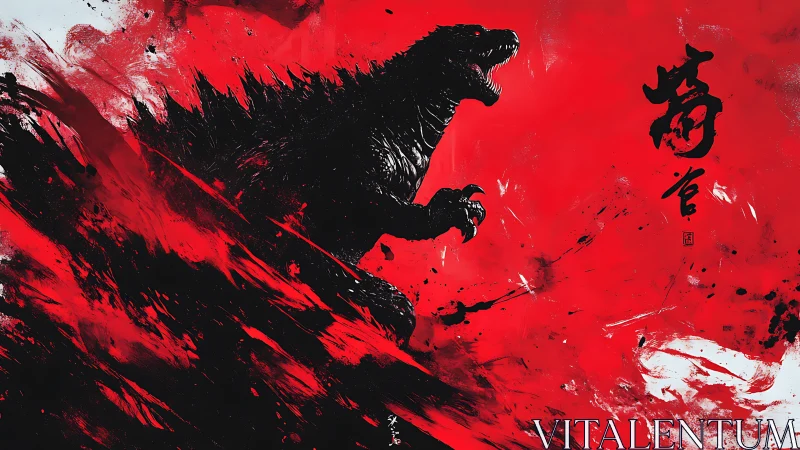 Scarlet storm rises around roaring kaiju silhouette.