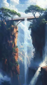 Stone bridge spans twin cliffs above luminous waterfall.