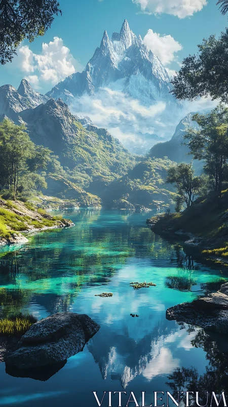 Snow peak above turquoise river in quiet forest valley.