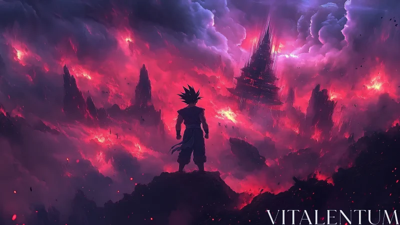 Lone warrior confronting burning citadel in storm clouds.