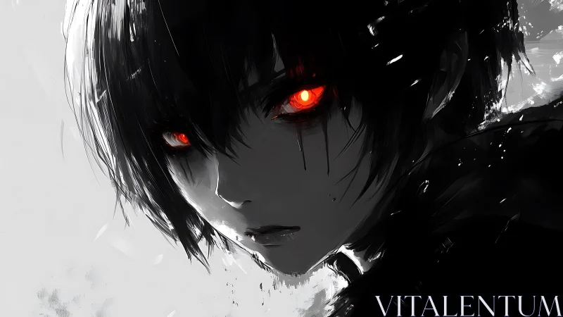 Smoldering gaze of dark-haired anime antihero in shadowed void.