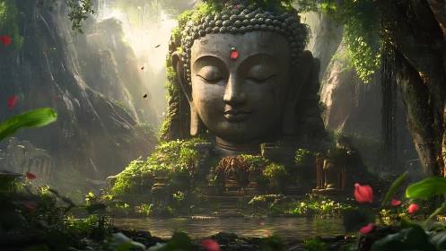 Colossal jungle Buddha head bathed in tranquil mystical light.