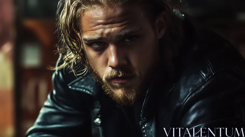 Brooding man in leather jacket under cinematic low light.