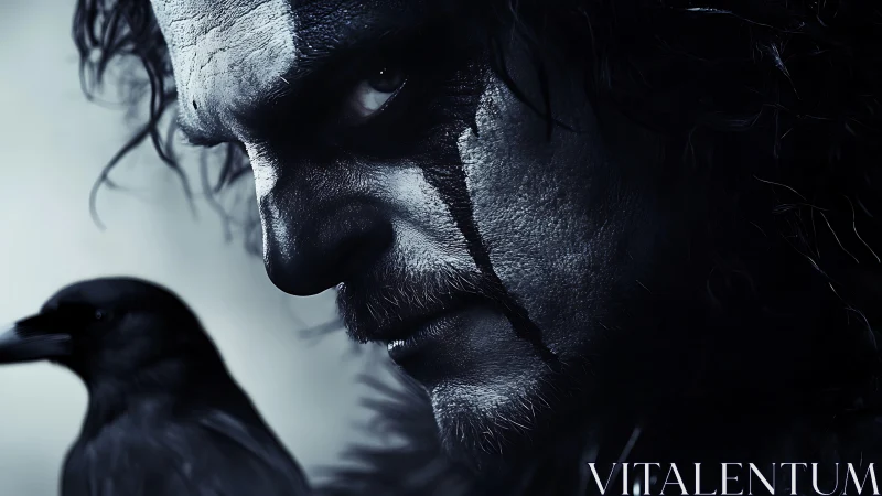 Crow-marked avenger glares through storm-dark, vengeful dusk.