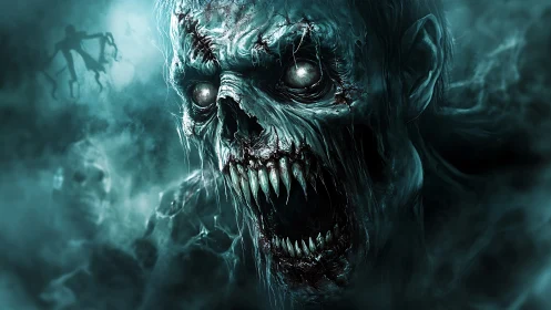 Decomposed spectral skull rendered with high-contrast teal volumetric fog