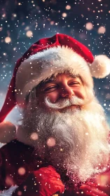 High-detail close-up of Santa Claus under shallow depth-of-field snowfall