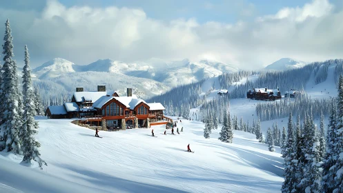 Skiers move across groomed slopes beside a large mountain lodge