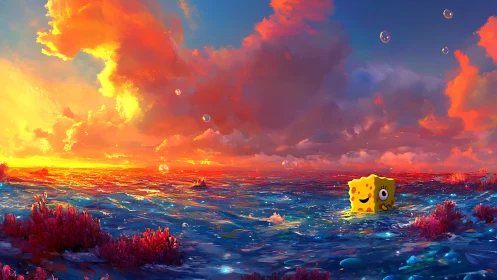 Digital painting seascape with stylized sponge under sunset sky.