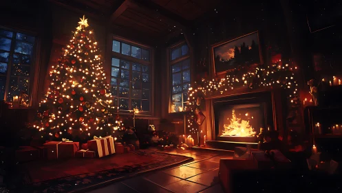 Interior view shows illuminated tree and fireplace at night